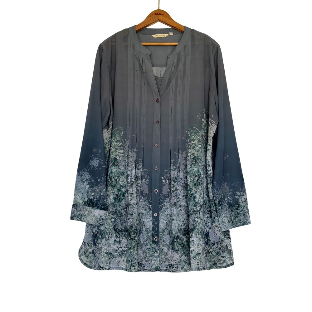 Soft Surroundings Gray Ombre Floral Pleated Tunic Blouse with Camisole XL Boho
